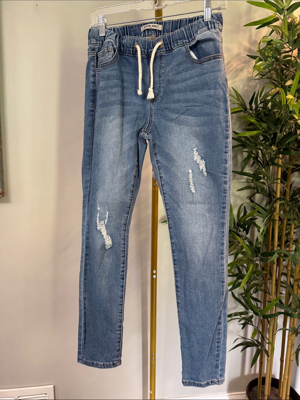 Satin Doll mid rise pull on Light Blue Skinny ankle Jeans with elastic Waist